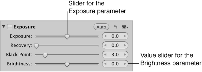 Figure. Sliders and value sliders for the Exposure adjustment.