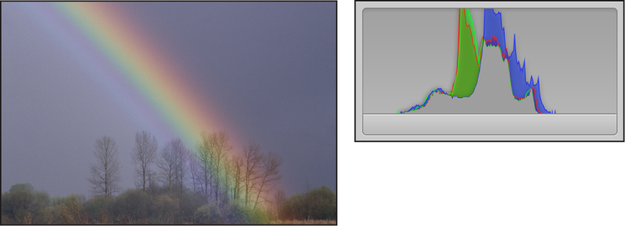 Figure. Side-by-side comparison of a low-contrast image and its histogram, with the peaks concentrated in the center of the graph and no activity present on the left or right side.