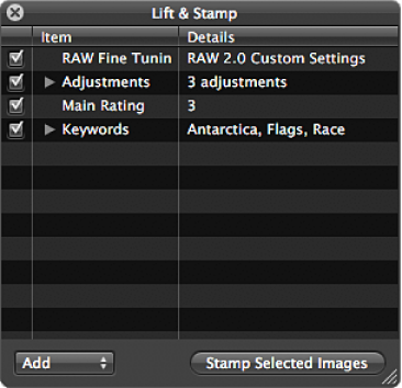 Figure. Lift & Stamp HUD showing the adjustments, IPTC metadata, and keywords applied to the image.