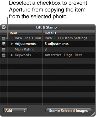 Figure. Lift & Stamp HUD showing all checkboxes except for Adjustments deselected.