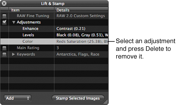 Figure. Lift & Stamp HUD showing an individual adjustment selected for deletion.