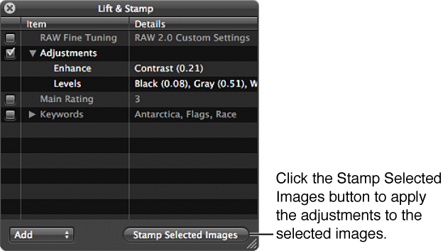 Figure. Lift & Stamp HUD showing the Stamp Selected Images button.