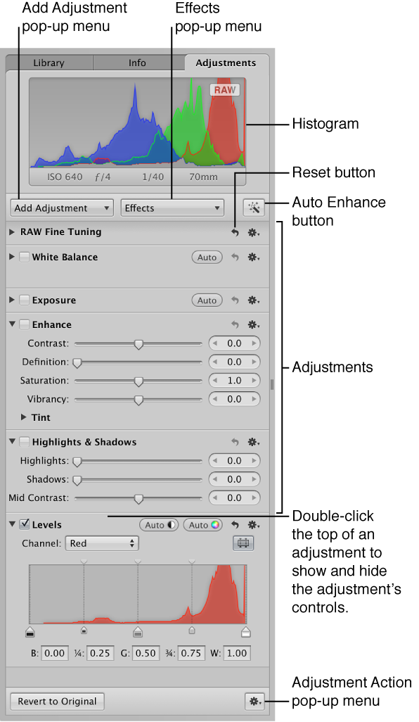 Figure. Controls in the Adjustments inspector.