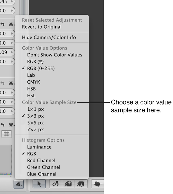 Figure. Adjustment Action pop-up menu showing color value sample size options.