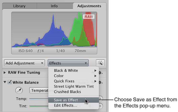 Figure. Effects pop-up menu showing the Save as Effect command.