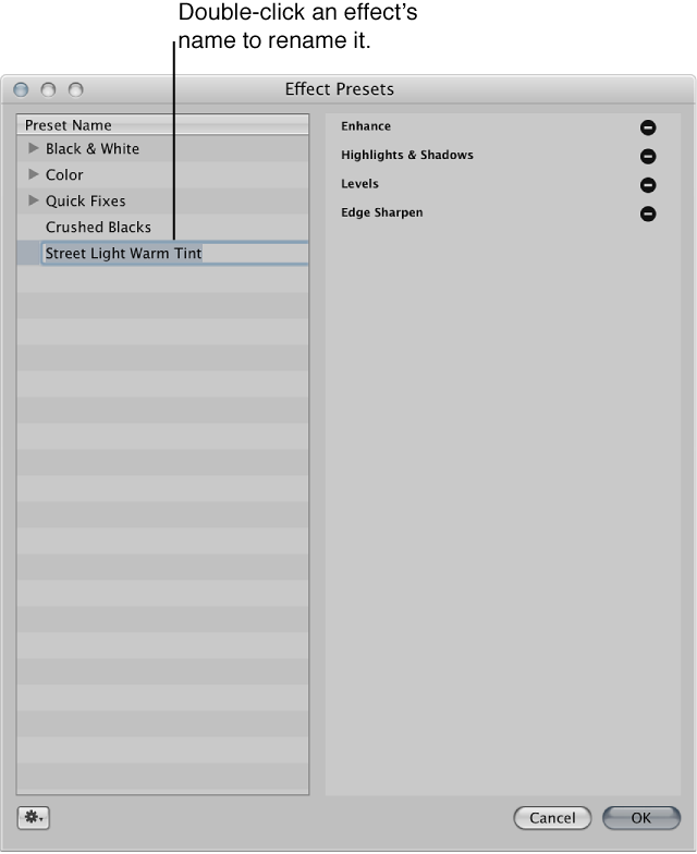 Figure. Effect Presets dialog showing the effect name highlighted so that the spelling can be corrected.