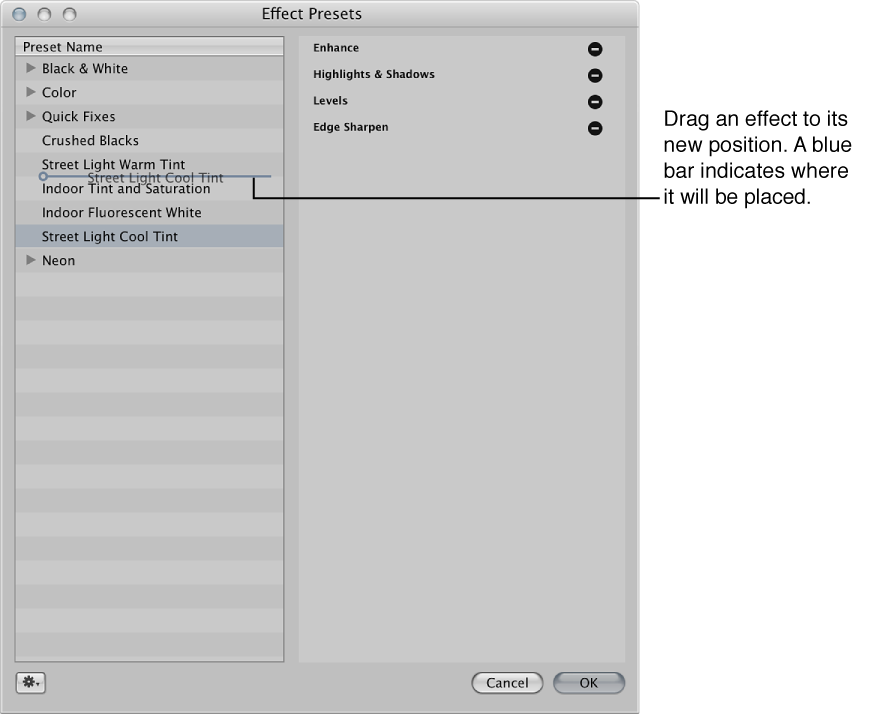 Figure. Effect preset being dragged into a new position in the Effect Presets dialog.