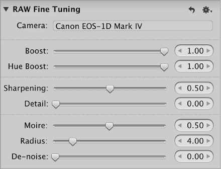 Figure. Controls in the RAW Fine Tuning area of the Adjustments inspector.