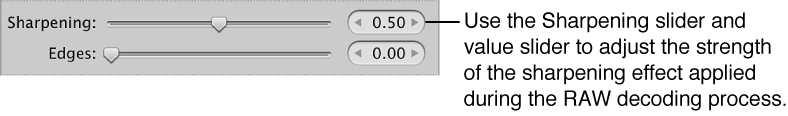 Figure. Sharpening controls in the RAW Fine Tuning area of the Adjustments inspector.