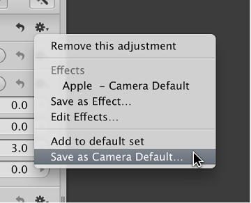 Figure. Action pop-up menu showing the Save as Camera Default command.