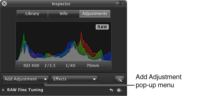 Figure. Add Adjustment pop-up menu in the Adjustments pane of the Inspector HUD.
