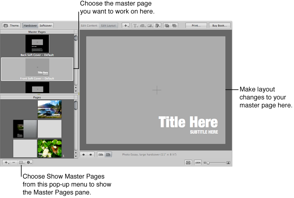 Figure. A selected master page in the Master Pages pane and the Book Layout Editor displaying an enlarged view of the master page.