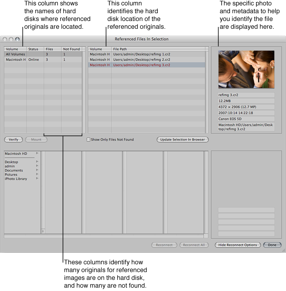 Figure. Referenced Files In Selection dialog showing a list of referenced images in the selection and information about their masters.