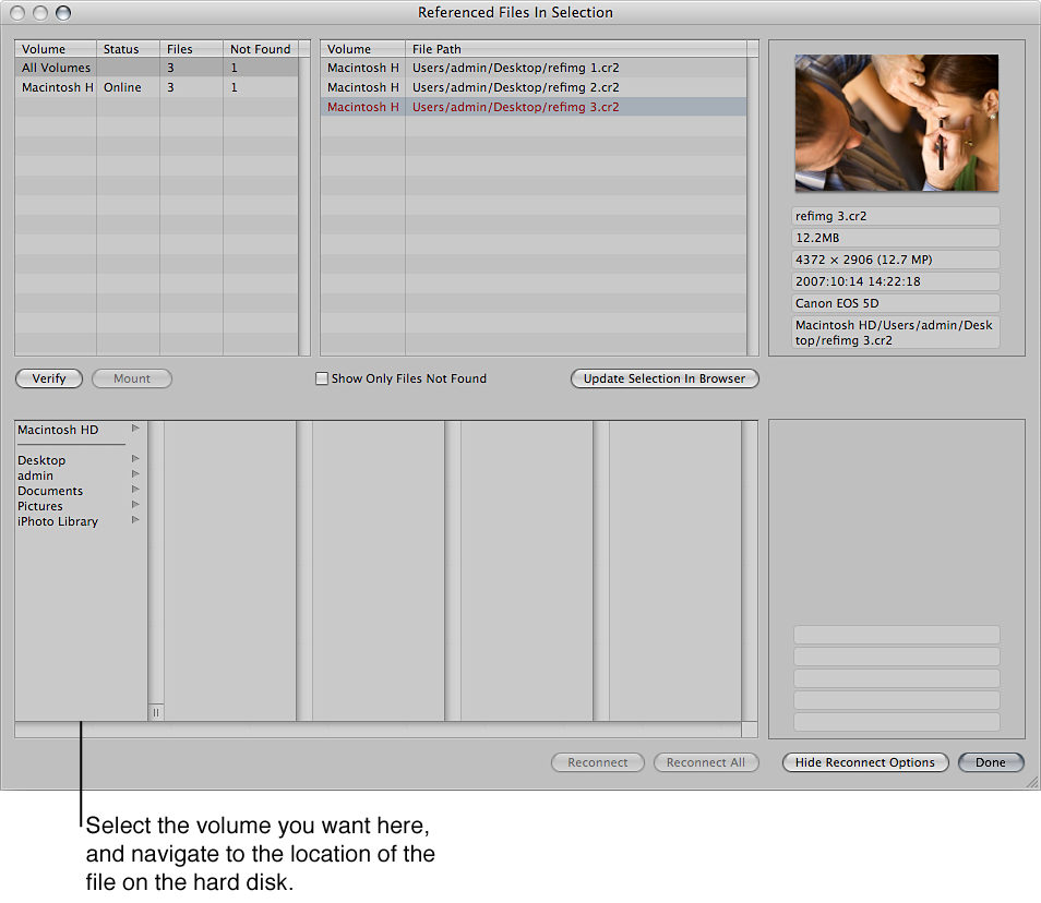 Figure.  Referenced Files In Selection dialog showing reconnect options.