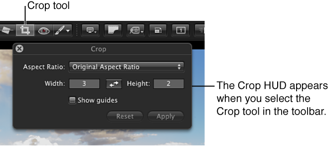 Figure. Crop tool in the Full Screen view toolbar and the Crop HUD that appears when you select the Crop tool.