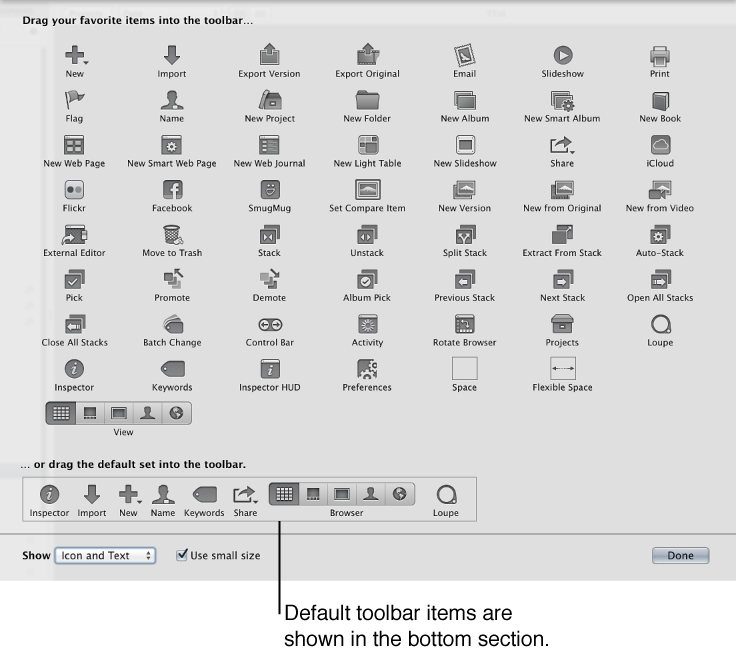 Figure. Customize Toolbar dialog showing buttons and controls that can be added to the toolbar.