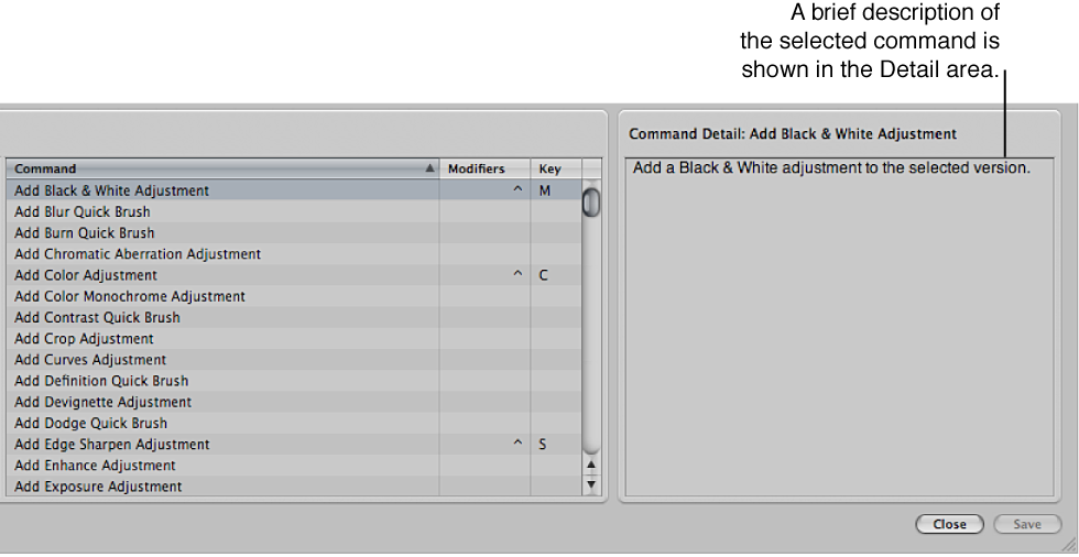 Figure. Selected command in the Command list and the Detail area displaying a description of the command.