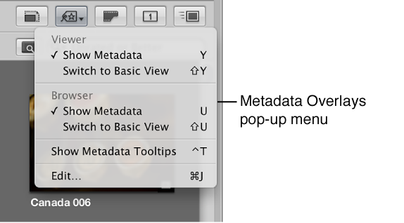 Figure. Metadata Overlays pop-up menu in the tool strip.