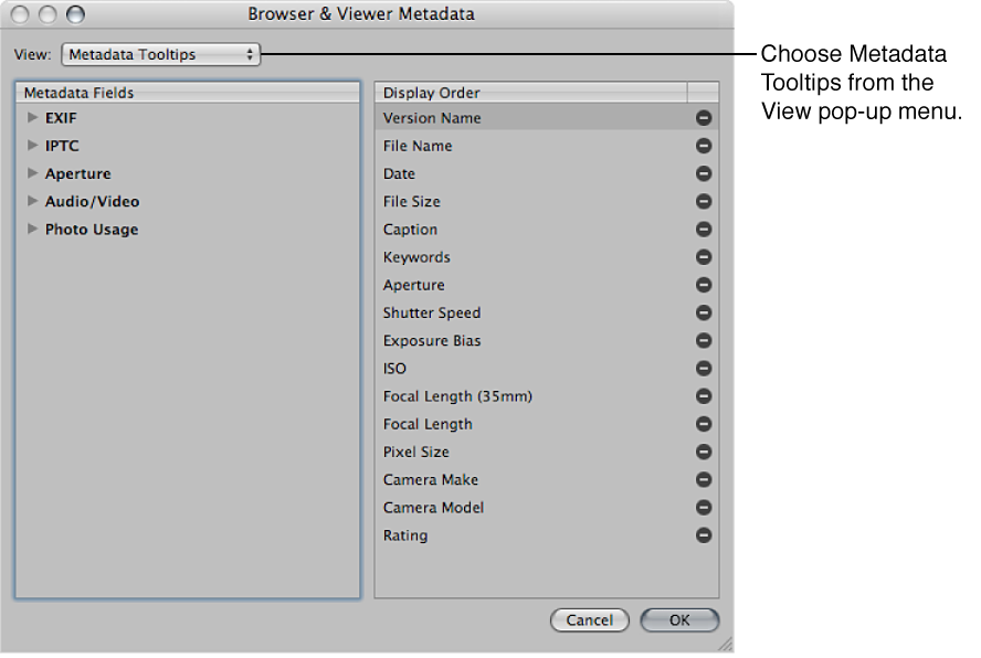 Figure. View pop-up menu in the Browser & Viewer Metadata dialog. 