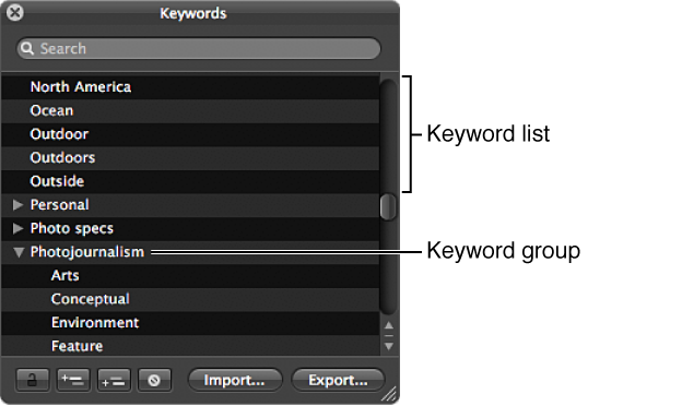 Figure. Keywords HUD showing the keyword list and a keyword group.