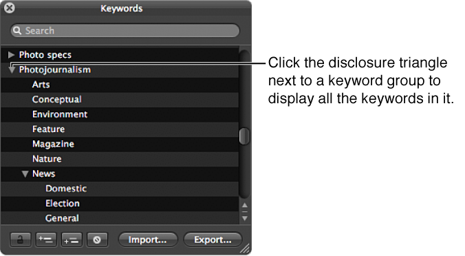 Figure. Keywords HUD showing keywords in a keyword group.