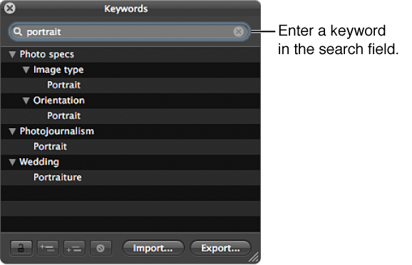 Figure. Keywords HUD showing a keyword entered in the search field.