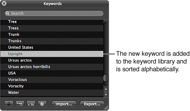 Figure. Keywords HUD showing the new keyword appearing in alphabetical order in the keyword list.