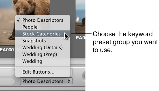 Figure. Keyword preset group being chosen from the Keyword Preset Group pop-up menu.