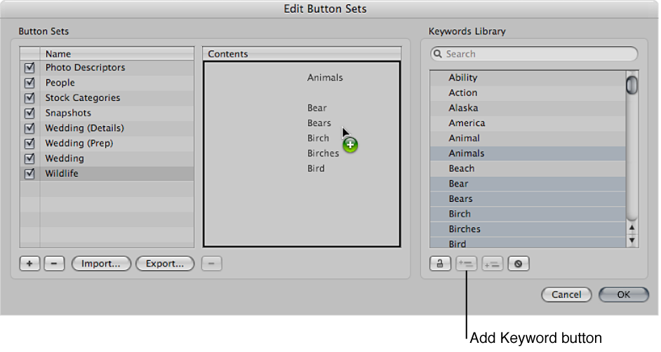 Figure. Keywords being dragged from the Keywords Library column to the Contents column.