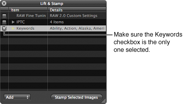 Figure. Lift & Stamp HUD showing the Keywords checkbox selected.