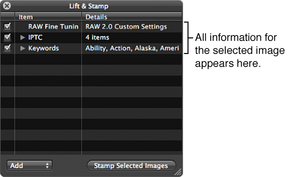 Figure. Lift & Stamp HUD showing information for the selected image.