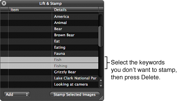 Figure. Lift & Stamp HUD showing keywords selected for deletion.
