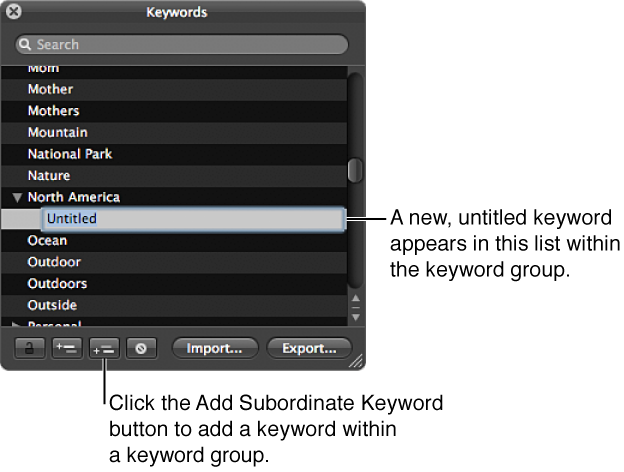 Figure. Keywords HUD showing the Add Subordinate Keyword button and a new, untitled keyword added to a keyword group.