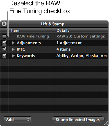 Figure. Lift & Stamp HUD showing the RAW Fine Tuning checkbox unselected.