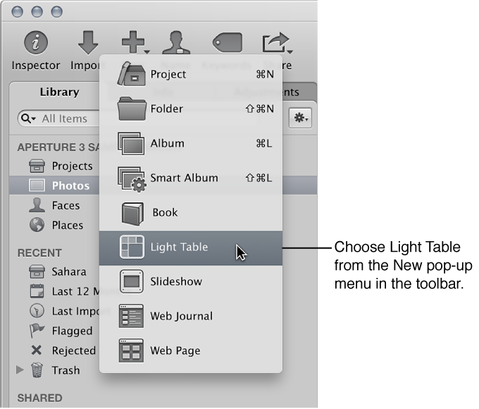 Figure. Items in the New pop-up menu in the toolbar.
