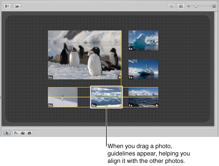 Figure. Light Table showing an image being dragged and yellow guidelines appearing to help you align the image.