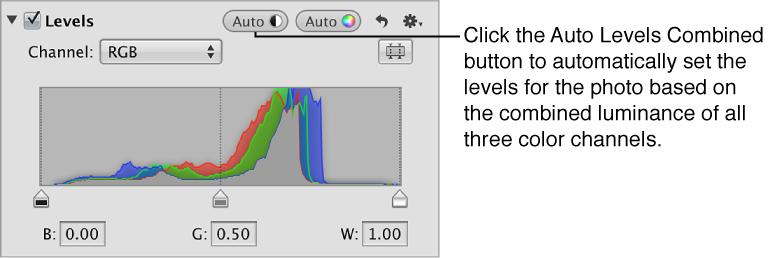 Figure. Auto Levels Combined button in the Adjustments inspector.