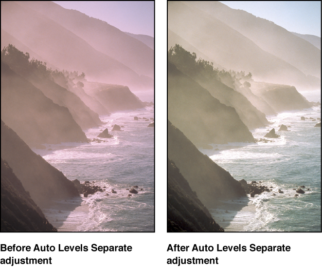 Figure. Image before and after an Auto Levels Separate adjustment.