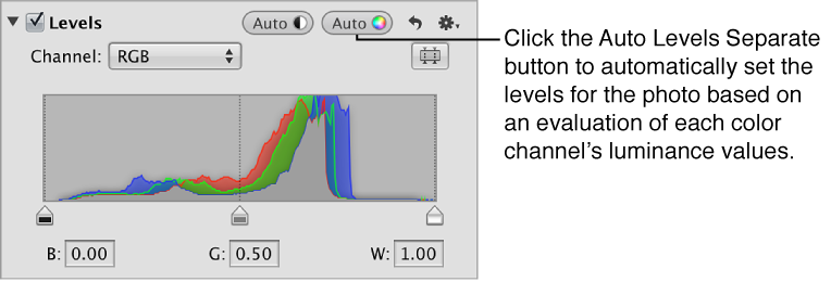 Figure. Auto Levels Separate button in the Adjustments inspector.