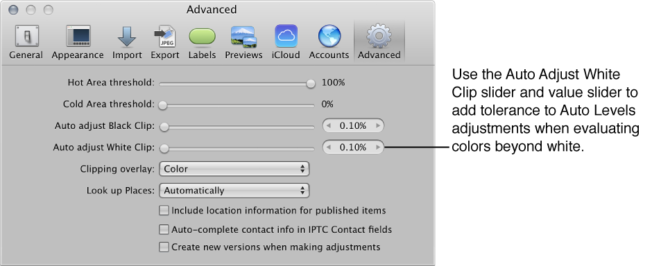 Figure. Auto Adjust White Clip controls in the Advanced pane of the Aperture Preferences window.