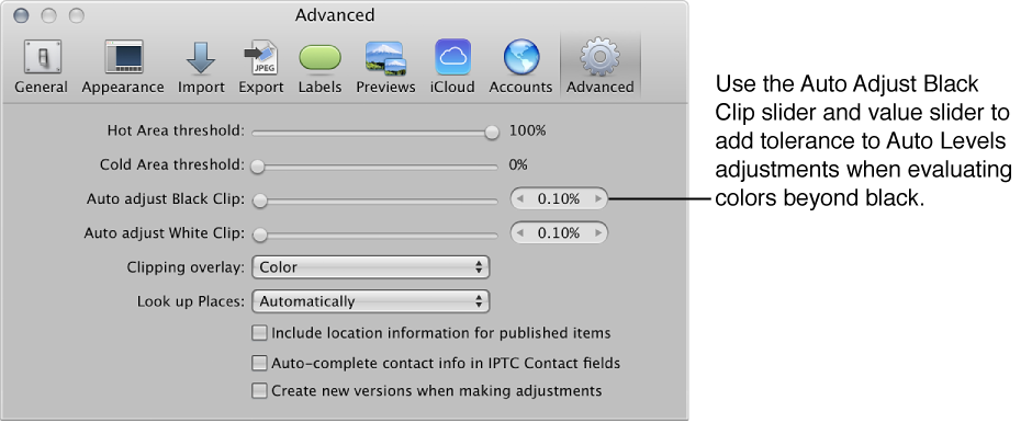 Figure. Auto Adjust Black Clip controls in the Advanced pane of the Aperture Preferences window.