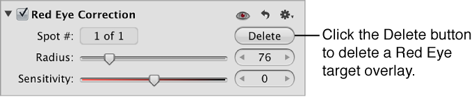 Figure. Delete button in the Red Eye Correction area of the Adjustments inspector.