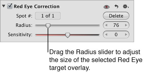 Figure. Controls in the Red Eye Correction area of the Adjustments inspector.