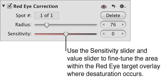 Figure. Controls in the Red Eye Correction area of the Adjustments inspector.