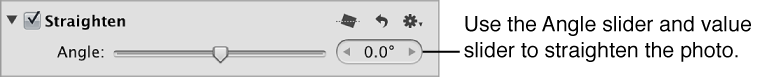 Figure. Angle controls in the Straighten area of the Adjustments inspector.