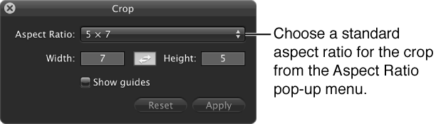 Figure. Aspect Ratio pop-up menu in the Crop HUD.
