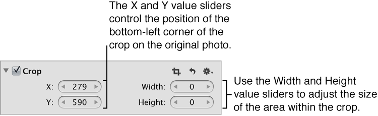 Figure. Controls in the Crop area of the Adjustments inspector.