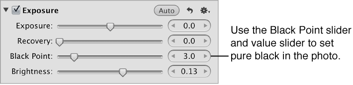 Figure. Black Point controls in the Exposure area of the Adjustments inspector.