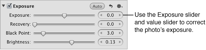 Figure. Exposure controls in the Exposure area of the Adjustments inspector.
