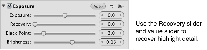 Figure. Recovery controls in the Exposure area of the Adjustments inspector.